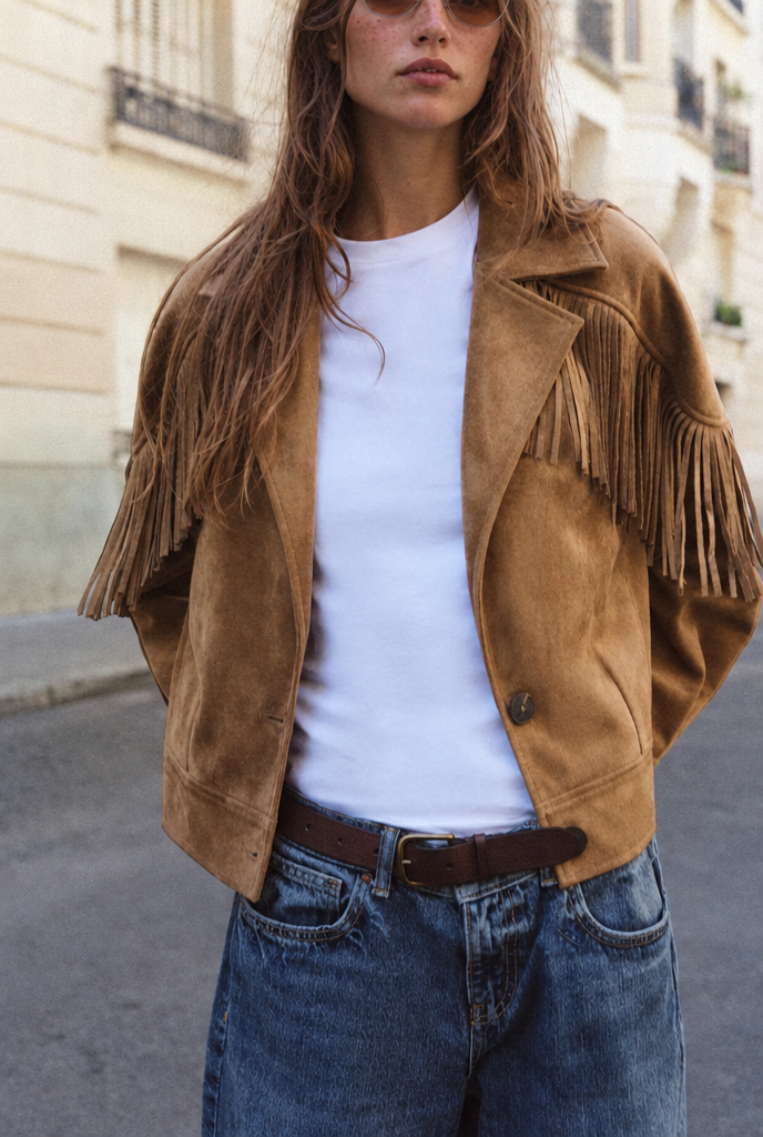 Chaqueta de flecos efecto ante — Camel
