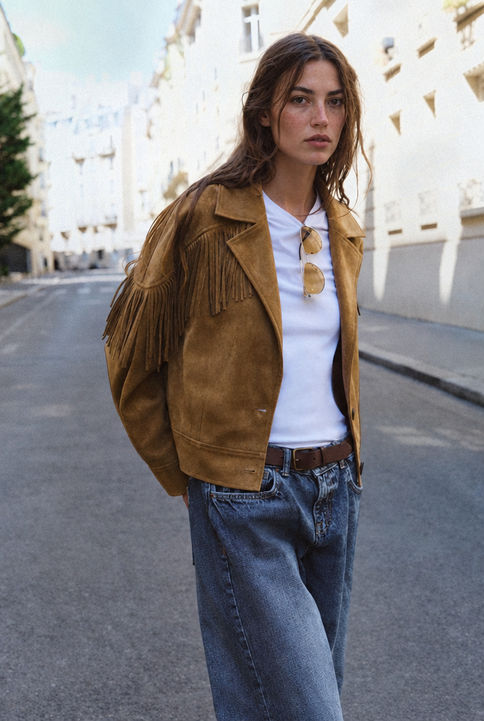 Chaqueta de flecos efecto ante — Camel