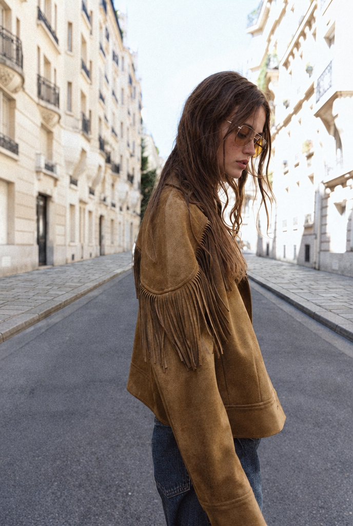 Chaqueta de flecos efecto ante — Camel