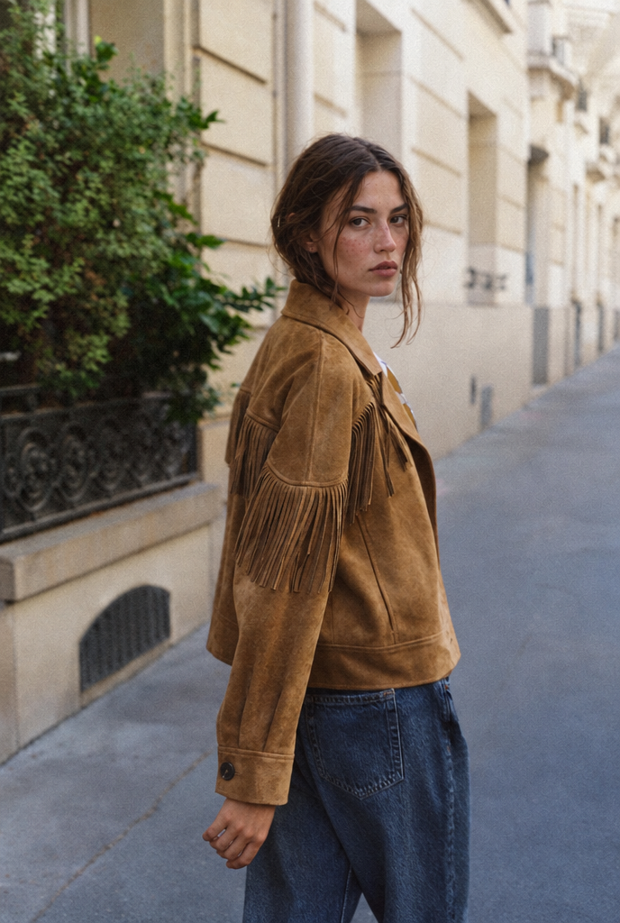 Chaqueta de flecos efecto ante — Camel