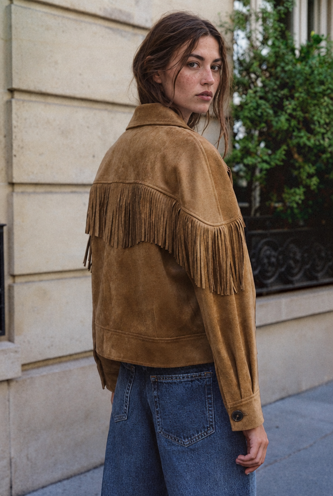 Chaqueta de flecos efecto ante — Camel