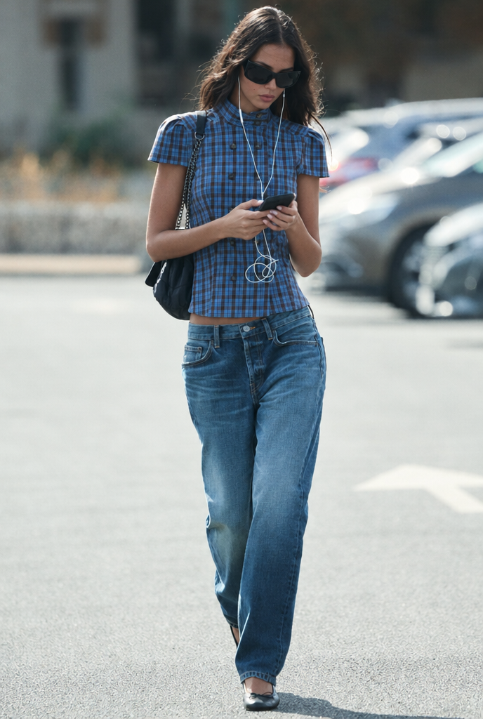 Top de cuadros azules con denim