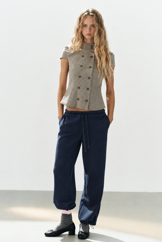 Top entallado de doble botonadura — Cuadros beige