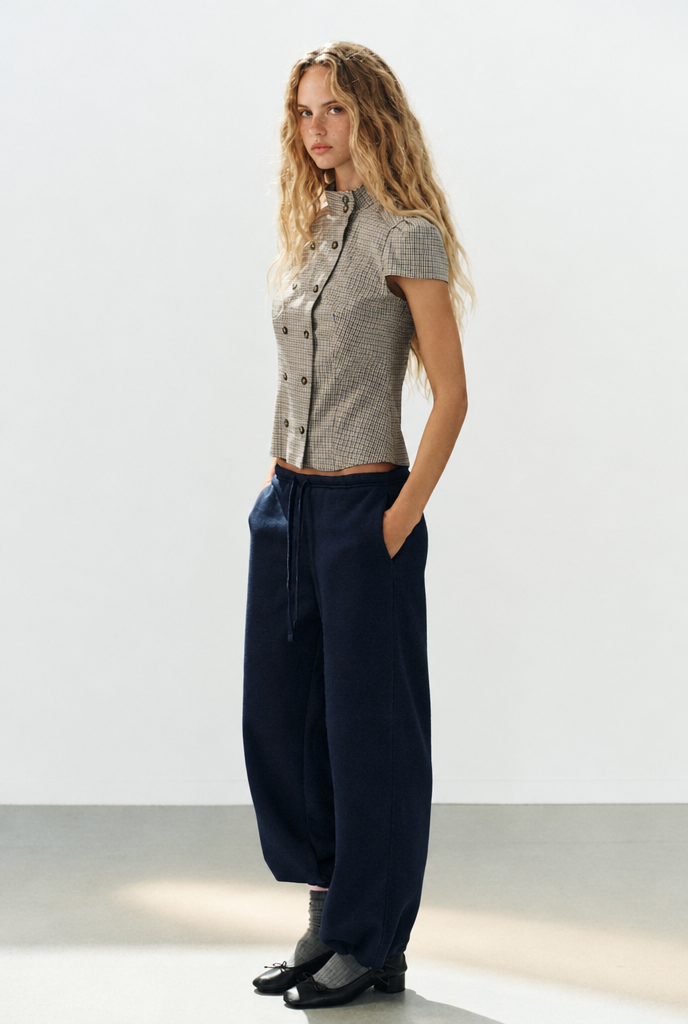 Top entallado de doble botonadura — Cuadros beige