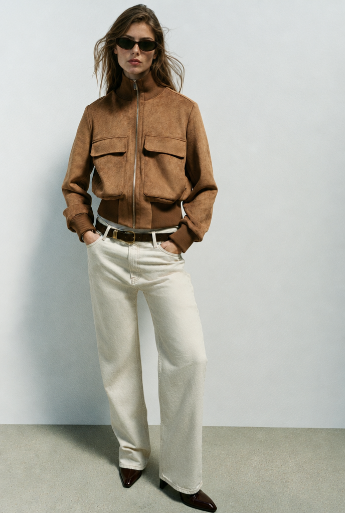 Bomber efecto ante con bolsillos — Camel