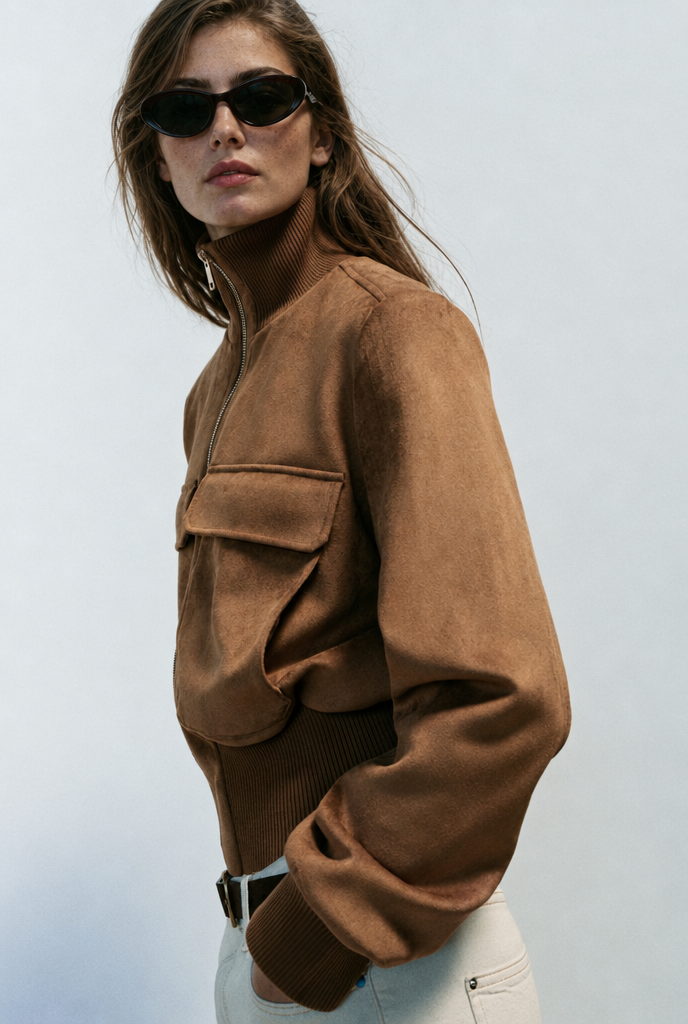 Bomber efecto ante con bolsillos — Camel