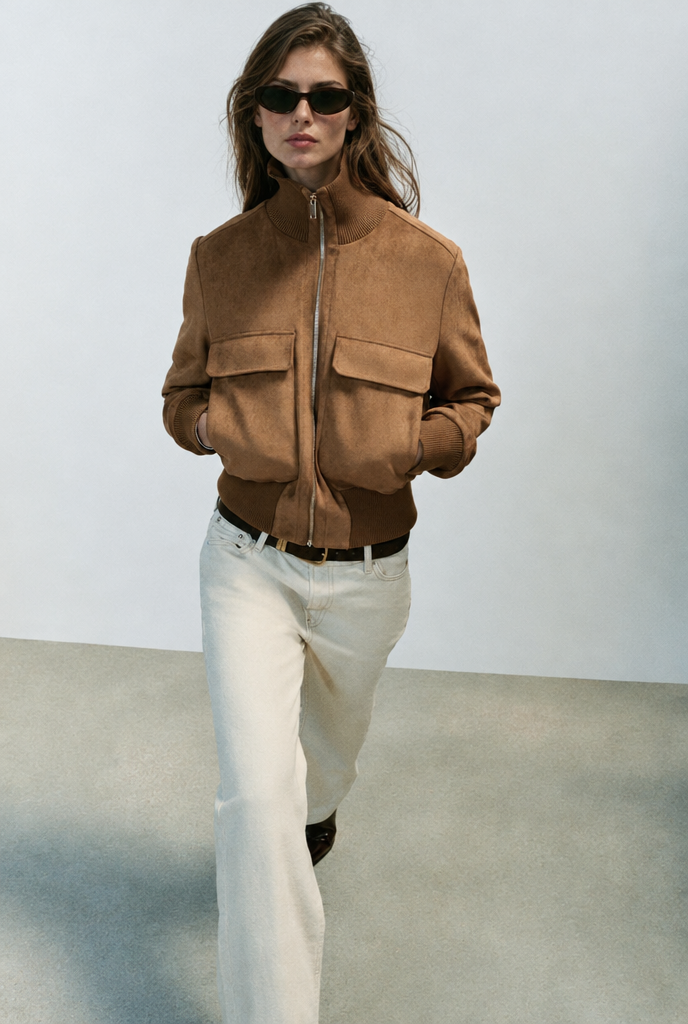 Bomber efecto ante con bolsillos — Camel