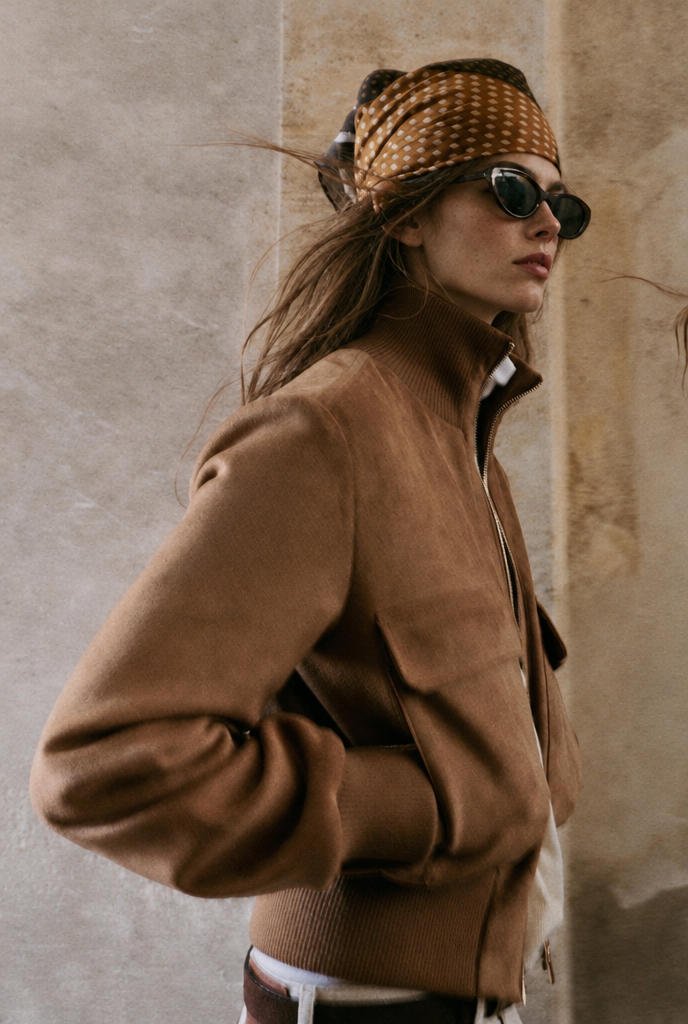 Bomber efecto ante con bolsillos — Camel